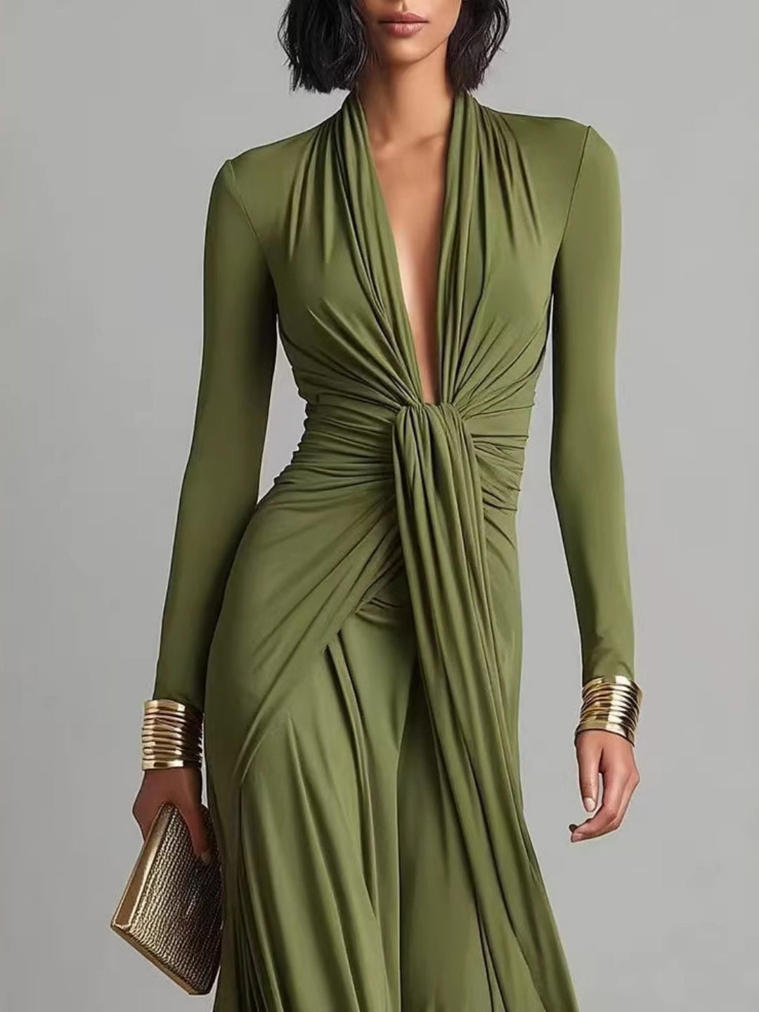 Elena Olive Twist-Front Long-Sleeve Maxi Dress