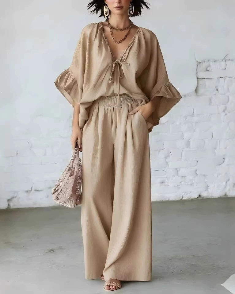 Sienna Sky Blue Tie-Front Wide-Leg Pants Set