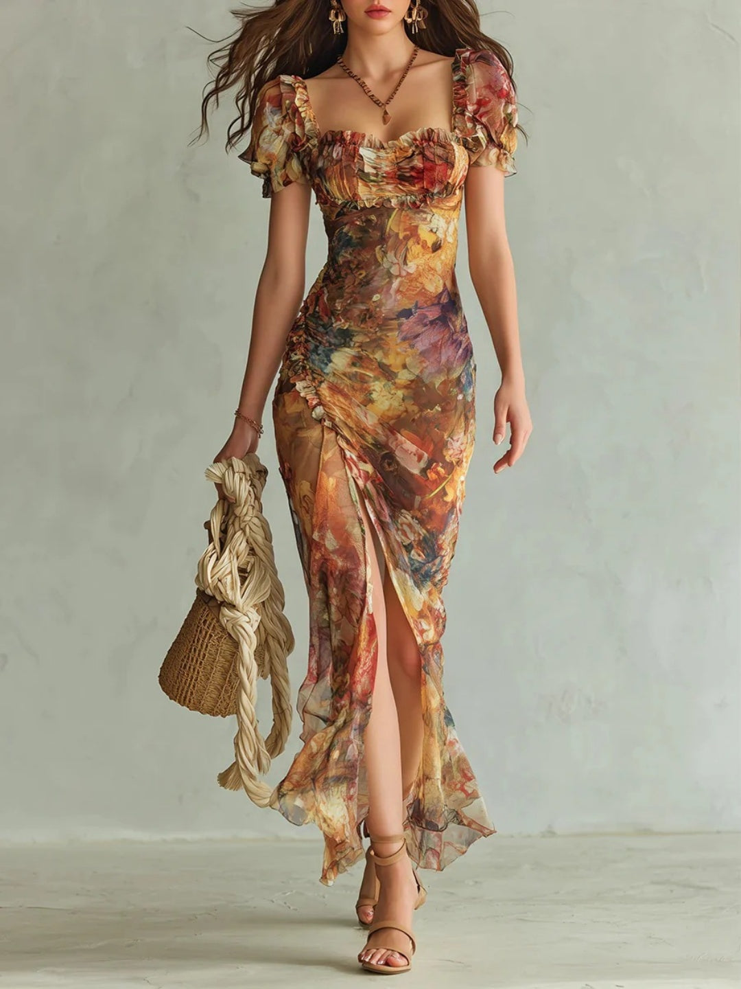 Isola Orange Botanical Puff-Sleeve Maxi Dress