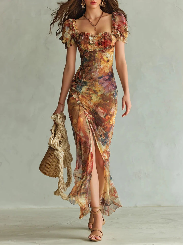 Isola Orange Botanical Puff-Sleeve Maxi Dress