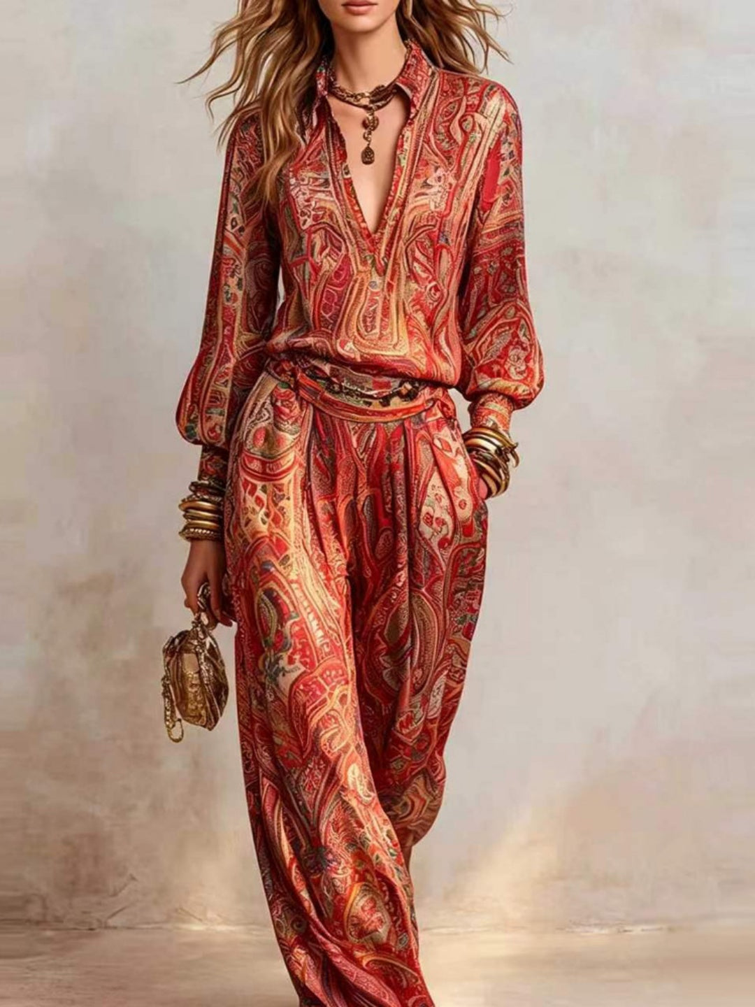Isla Brown Paisley Blouse and Pants Set