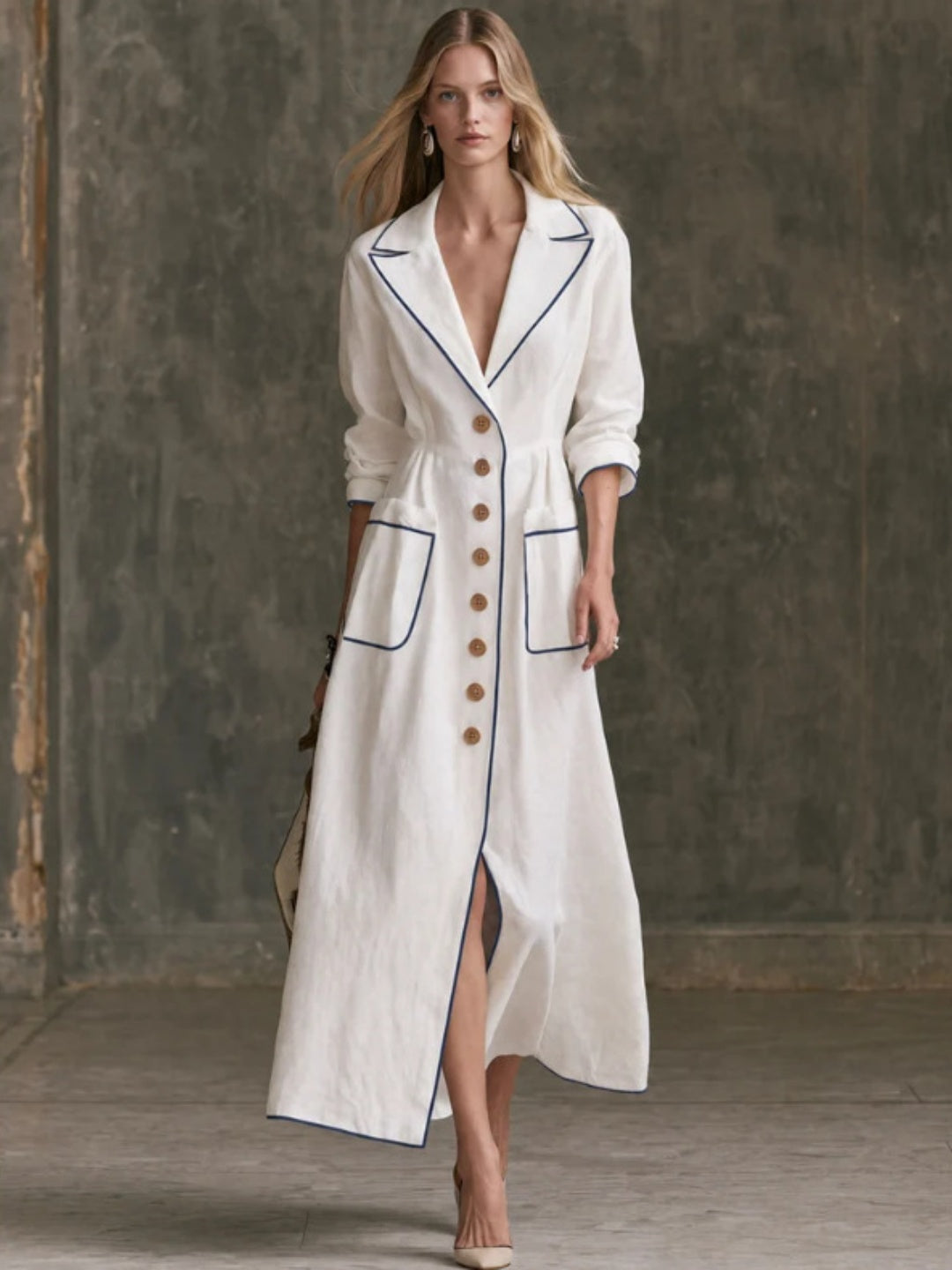 Portofino Contrast-Piped Belted Maxi Dress
