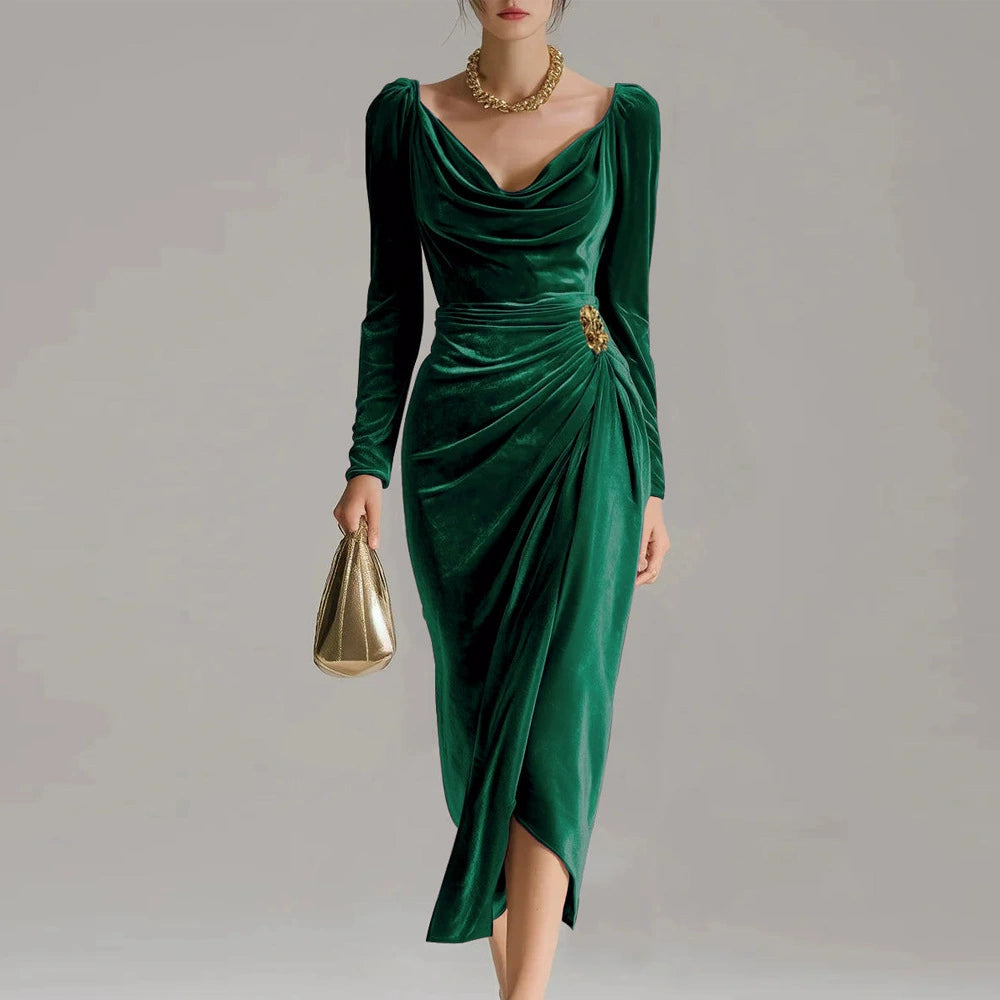 Portia Taupe Cowl Neck Midi Dress