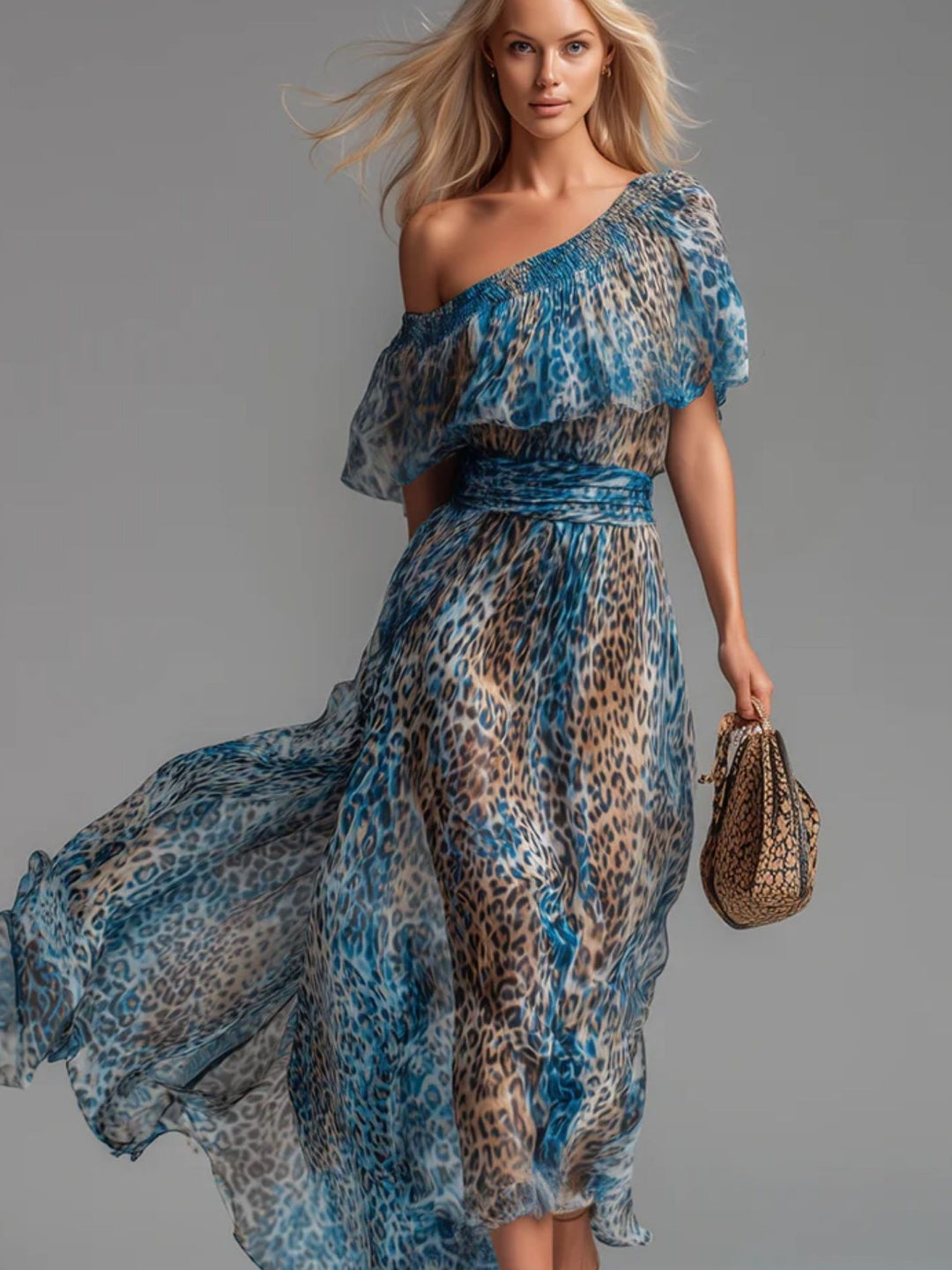Celeste Blue Leopard One-Shoulder Maxi Dress