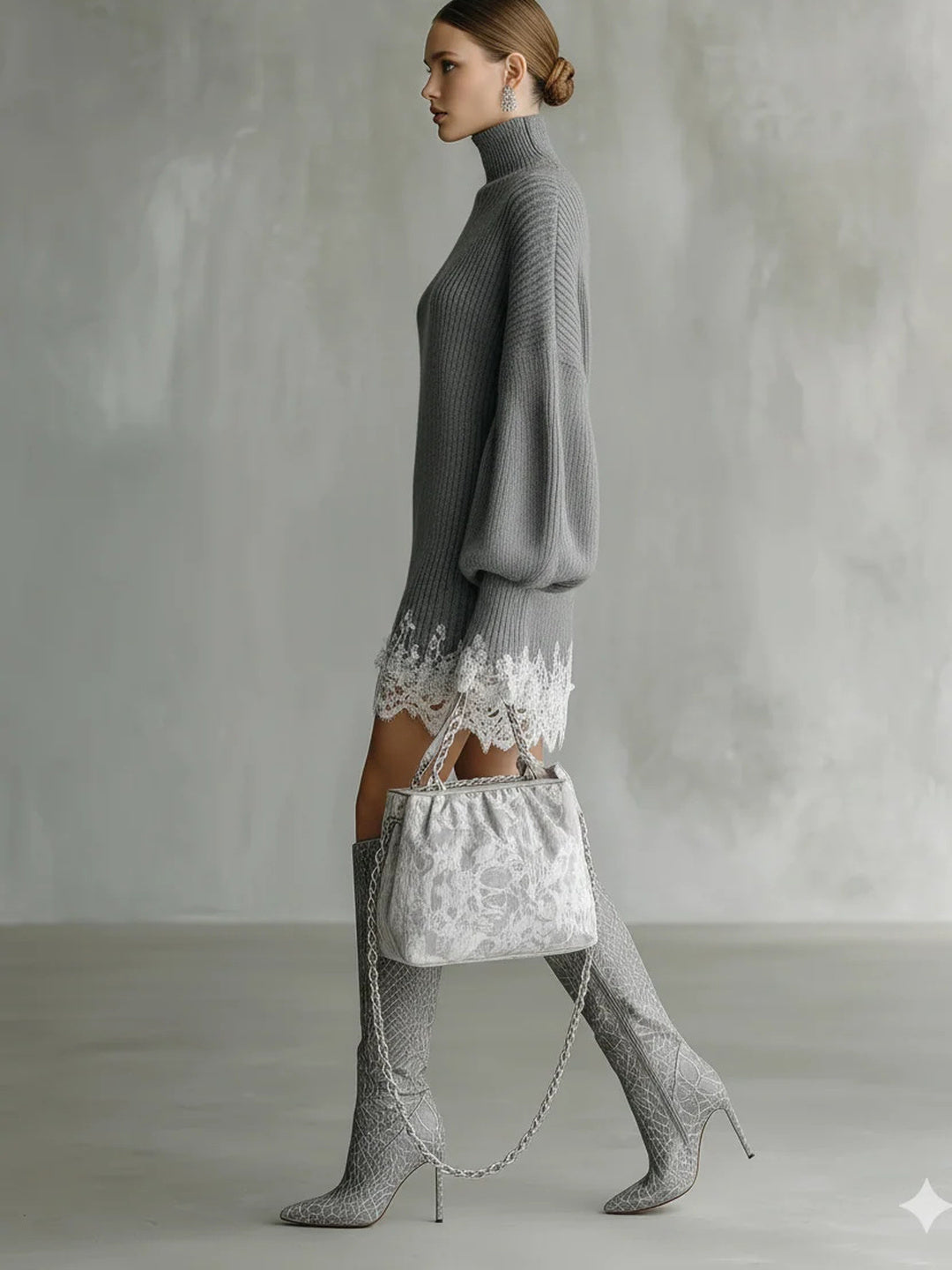 Ornella Lace-Trim Sweater Mini Dress - Gray