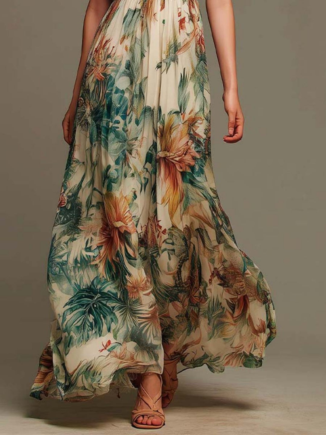 Flora Ivory Green Botanical Cap-Sleeve Maxi Dress