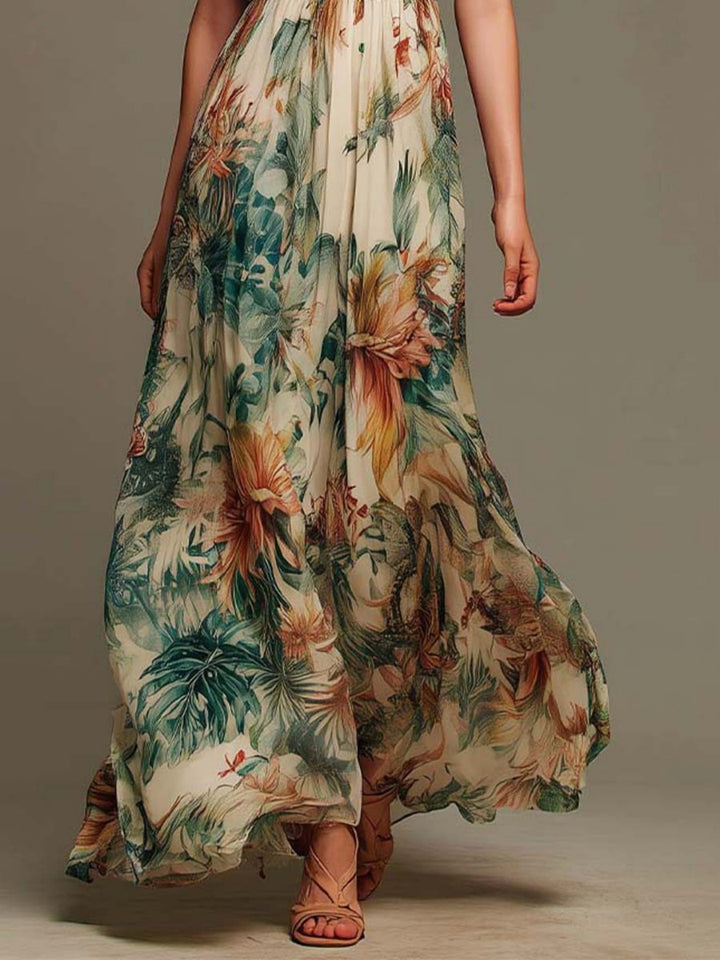 Flora Ivory Green Botanical Cap-Sleeve Maxi Dress