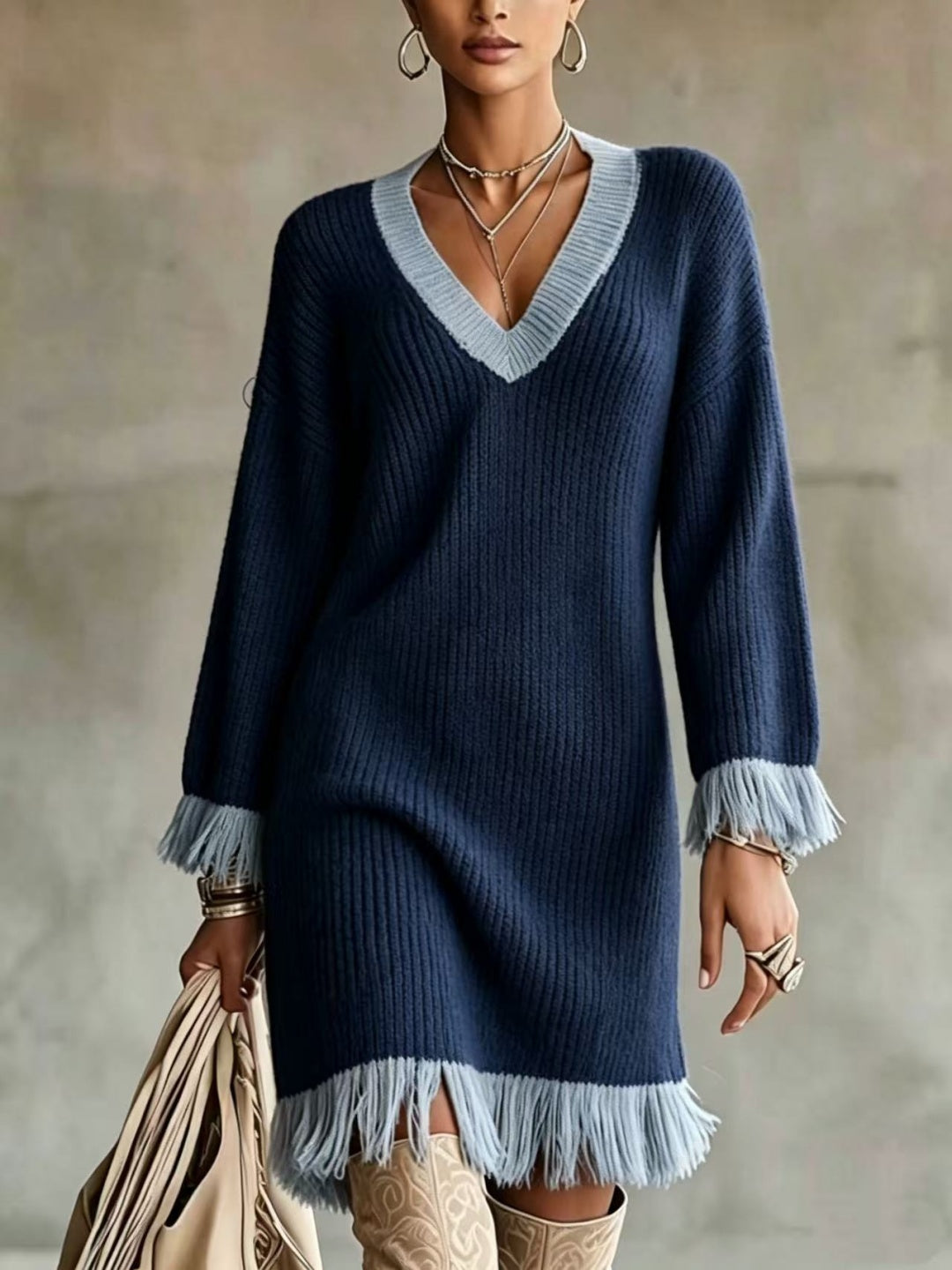 Elara V-Neck Fringe Sweater Mini Dress