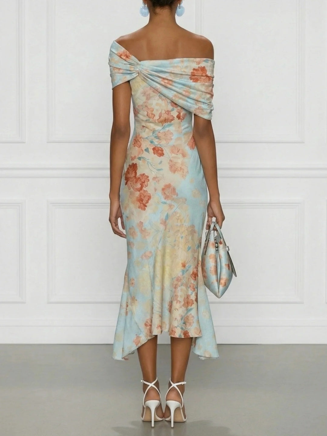 Flora Aqua Floral Off-Shoulder Midi Dress