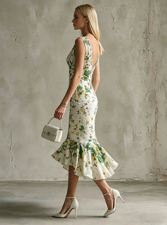 Carmen Ivory Floral Ruffle Hem Midi Dress