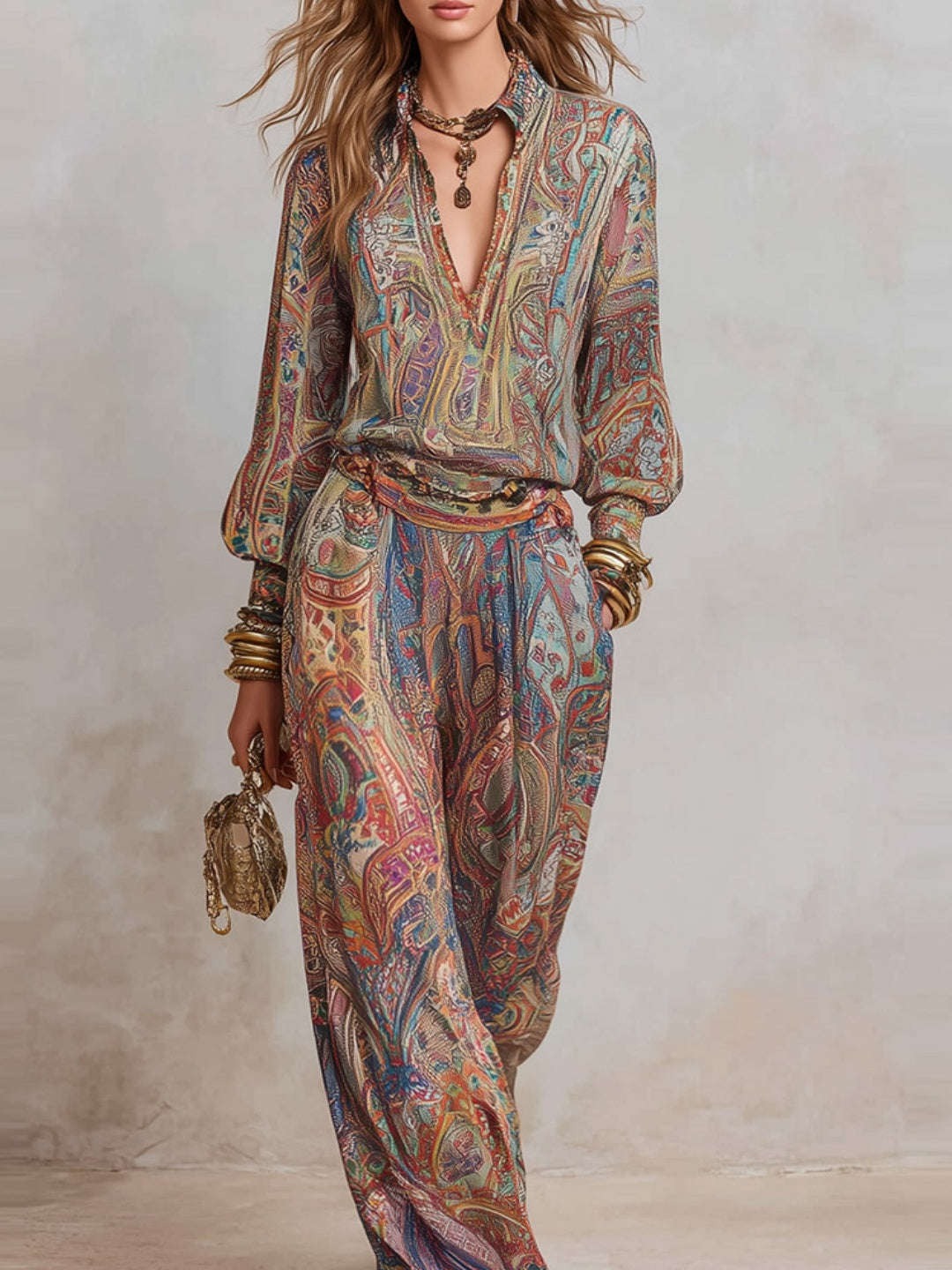 Isla Brown Paisley Blouse and Pants Set