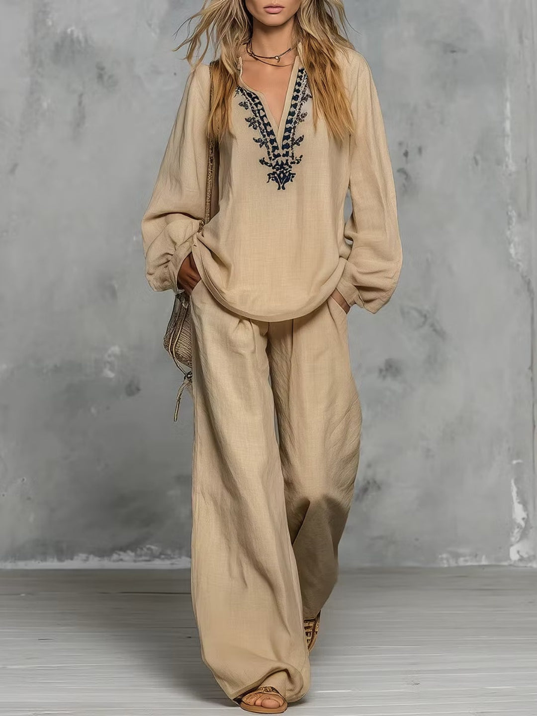 Amara Vintage Print Relaxed Pants Set - Sky Blue