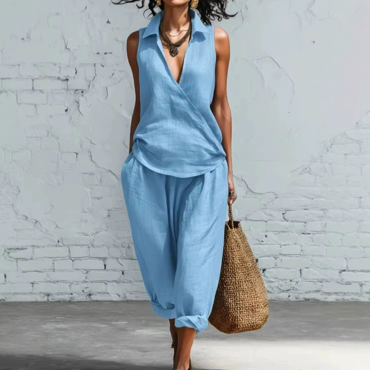 Talia White Sleeveless Resort Pants Set