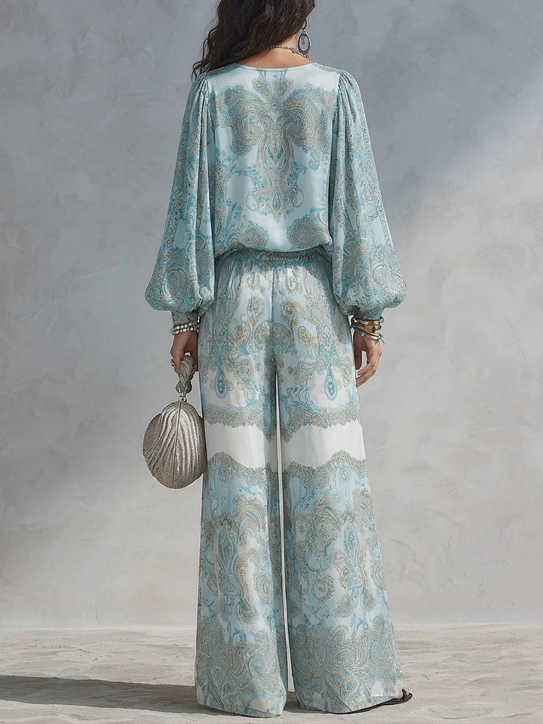 Marina Aqua Botanical Relaxed Pants Set