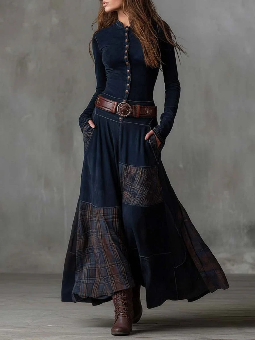 Noa Navy Plaid-Panel Button Maxi Dress
