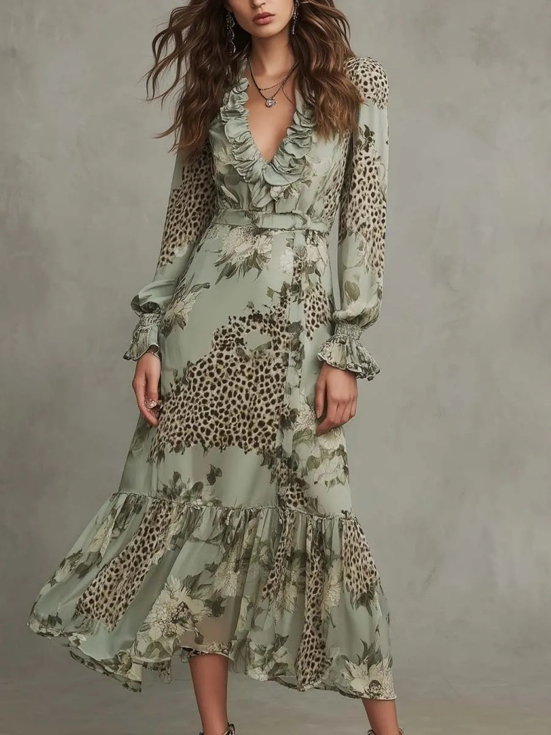 Elena Sage Lace-Panel Botanical Maxi Dress