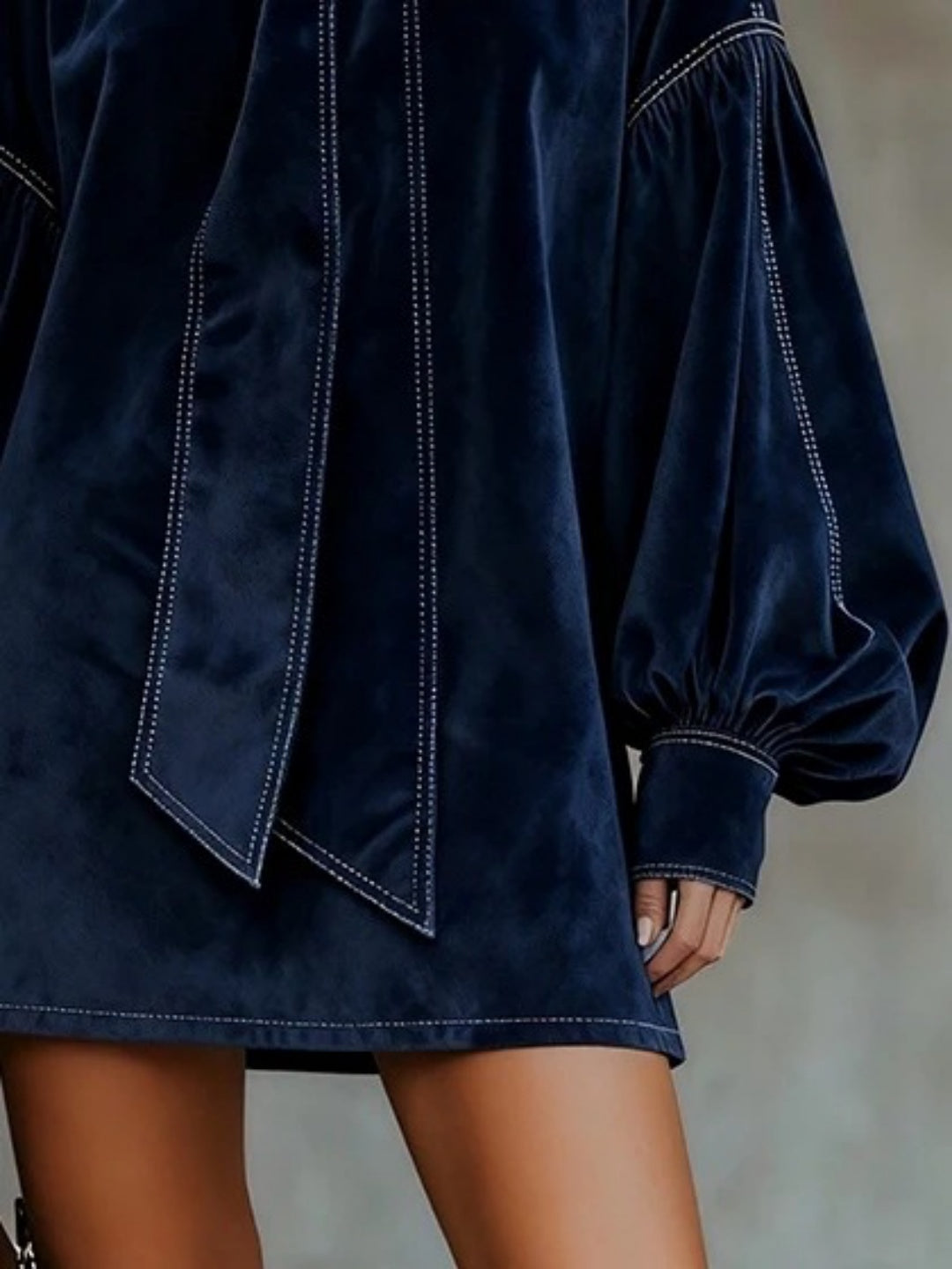 Tartan Bow-Tie Balloon-Sleeve Mini Dress - Navy