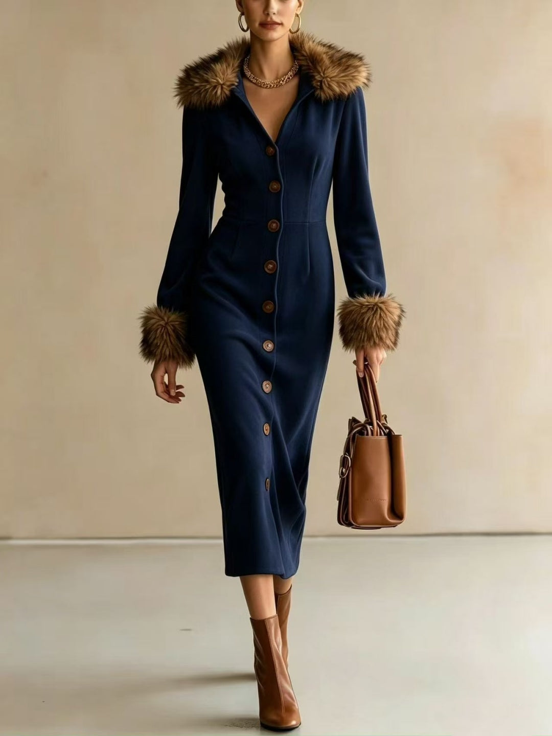 Fitted Midi Dress With Fluffy Trim