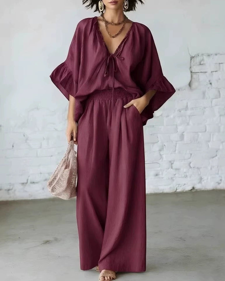 Sienna Sky Blue Tie-Front Wide-Leg Pants Set