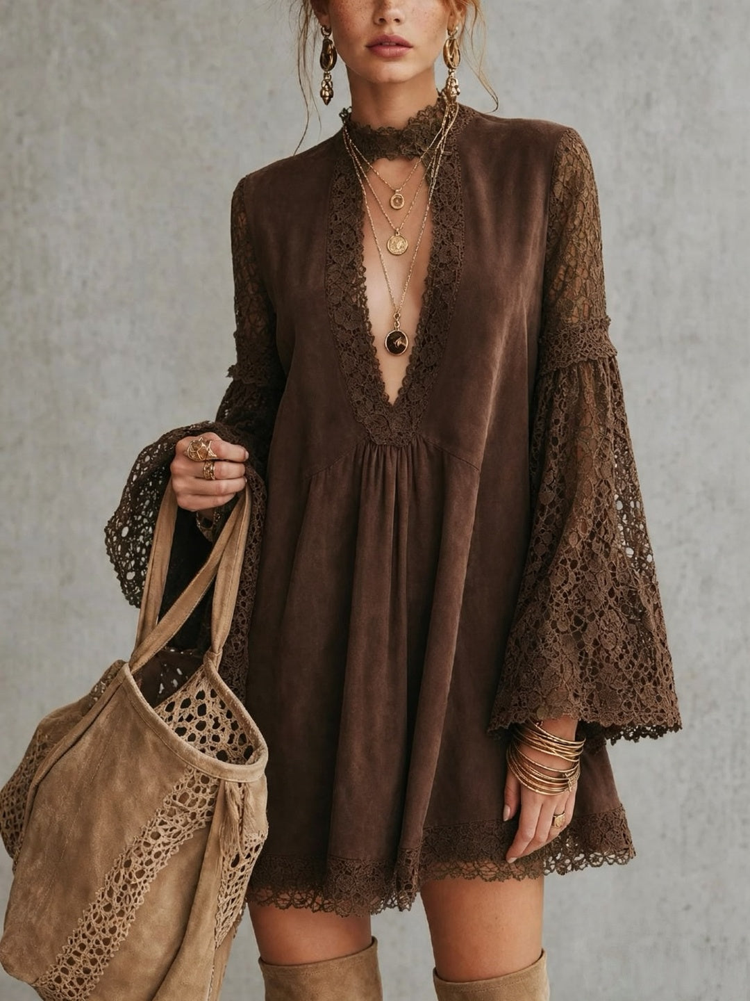 Elisabetta Plunge-Neck Bell-Sleeve Mini Dress