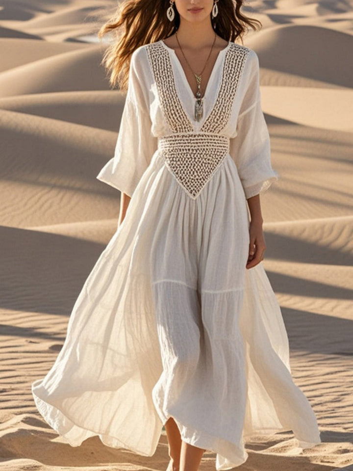 Soleil White Crochet-Inset Bell-Sleeve Maxi Dress