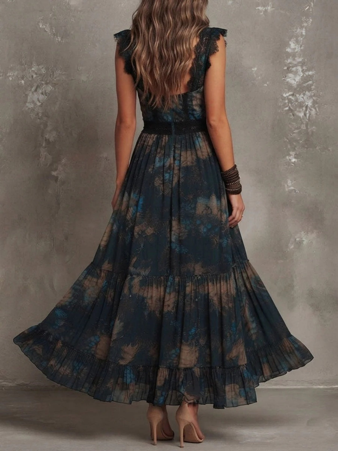 Noa Black Floral Lace Cap-Sleeve Maxi Dress