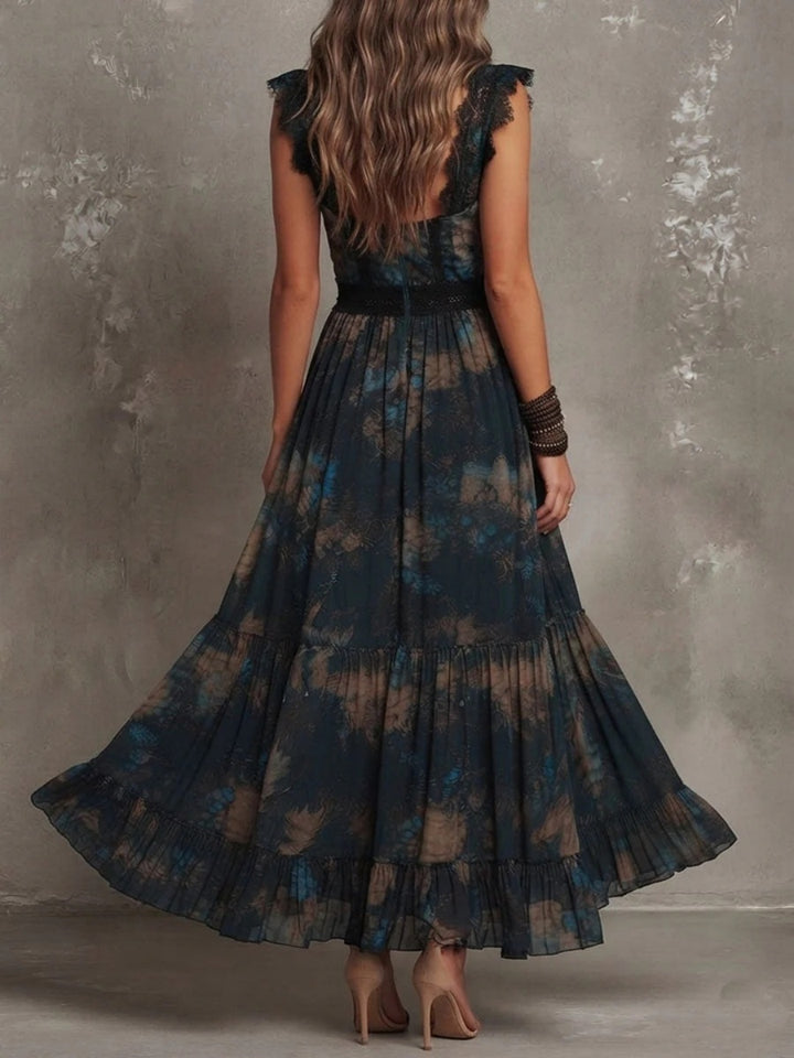 Noa Black Floral Lace Cap-Sleeve Maxi Dress