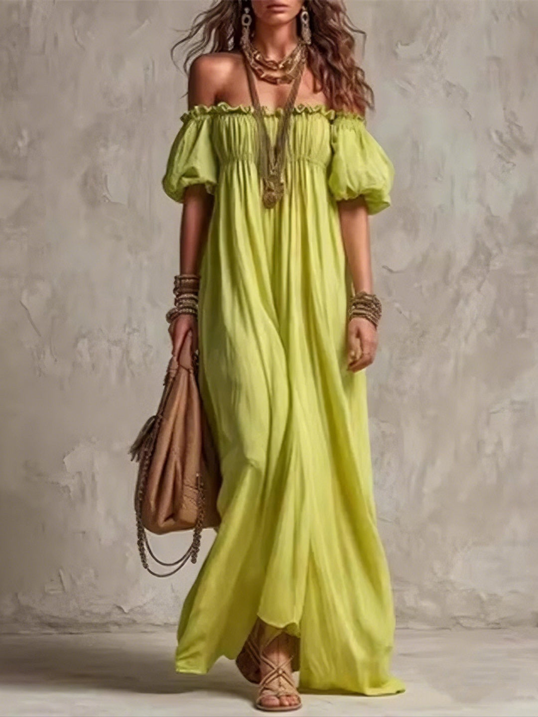 Livia Lime Off-Shoulder Maxi Dress