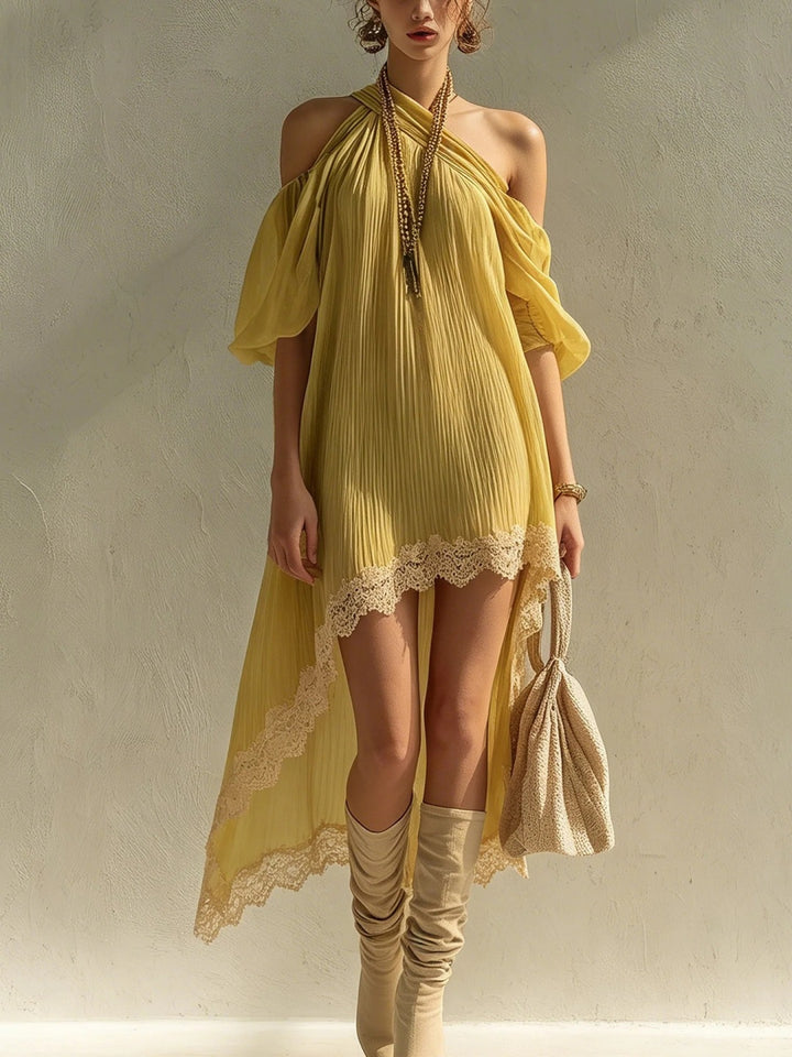 Soleil Mustard Halter High-Low Mini Dress