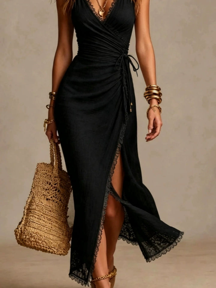 Bianca Pink Ruched Wrap-Slit Maxi Dress