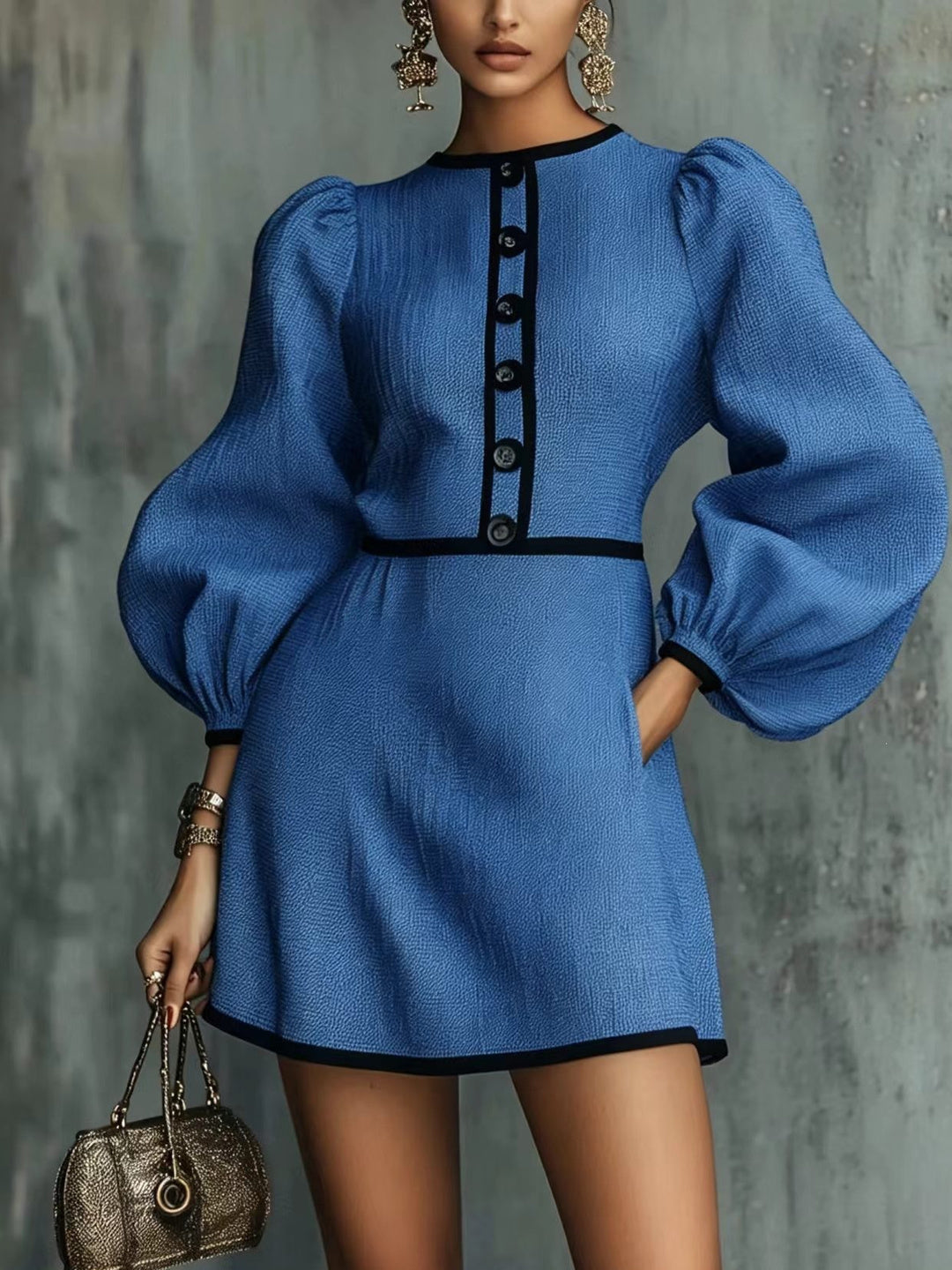 Arietta Contrast-Trim Puff-Sleeve Mini Dress - Blue
