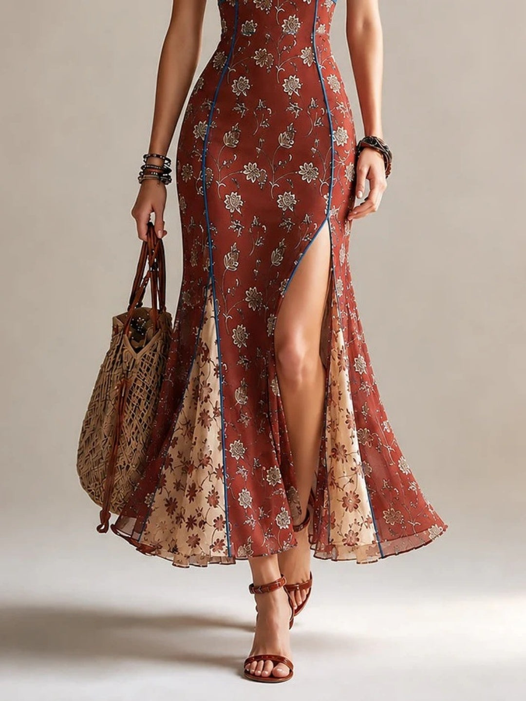 Marina Rust Floral Lace-Trim Slip Maxi Dress