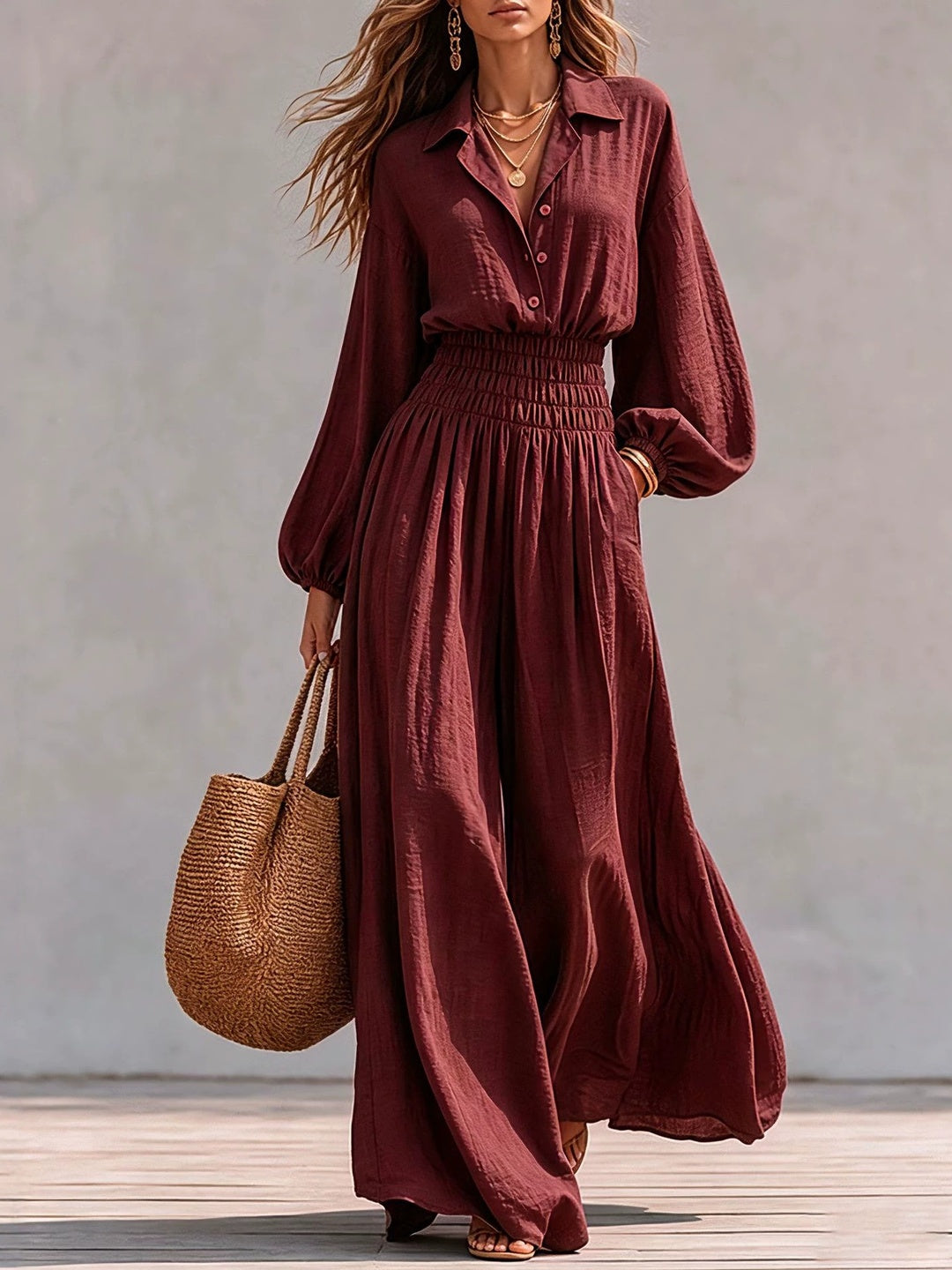 Alba Smocked-Waist Shirt Maxi Dress