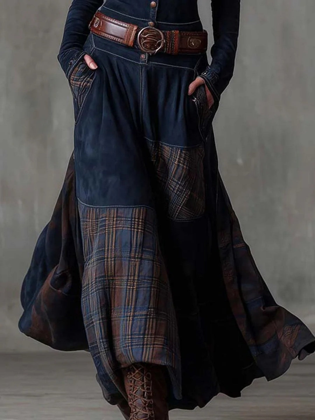 Noa Navy Plaid-Panel Button Maxi Dress