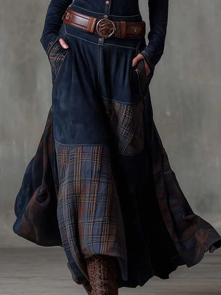 Noa Navy Plaid-Panel Button Maxi Dress