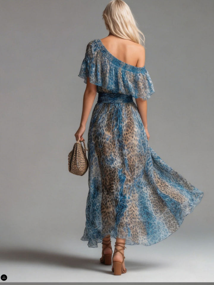 Celeste Blue Leopard One-Shoulder Maxi Dress