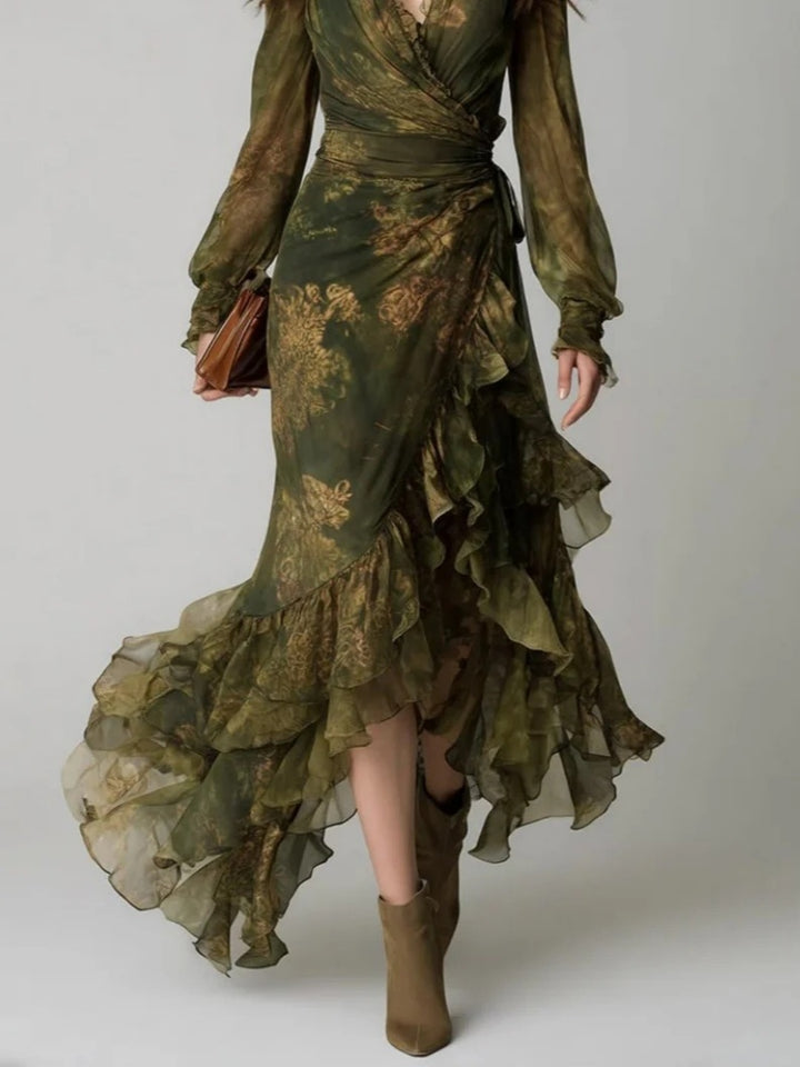 Olivia Olive Floral Ruffle High-Low Maxi Dress
