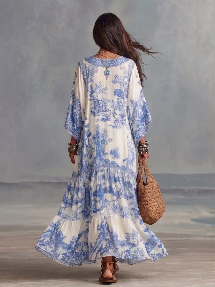 Capri Ivory Blue Embroidered Caftan Maxi Dress