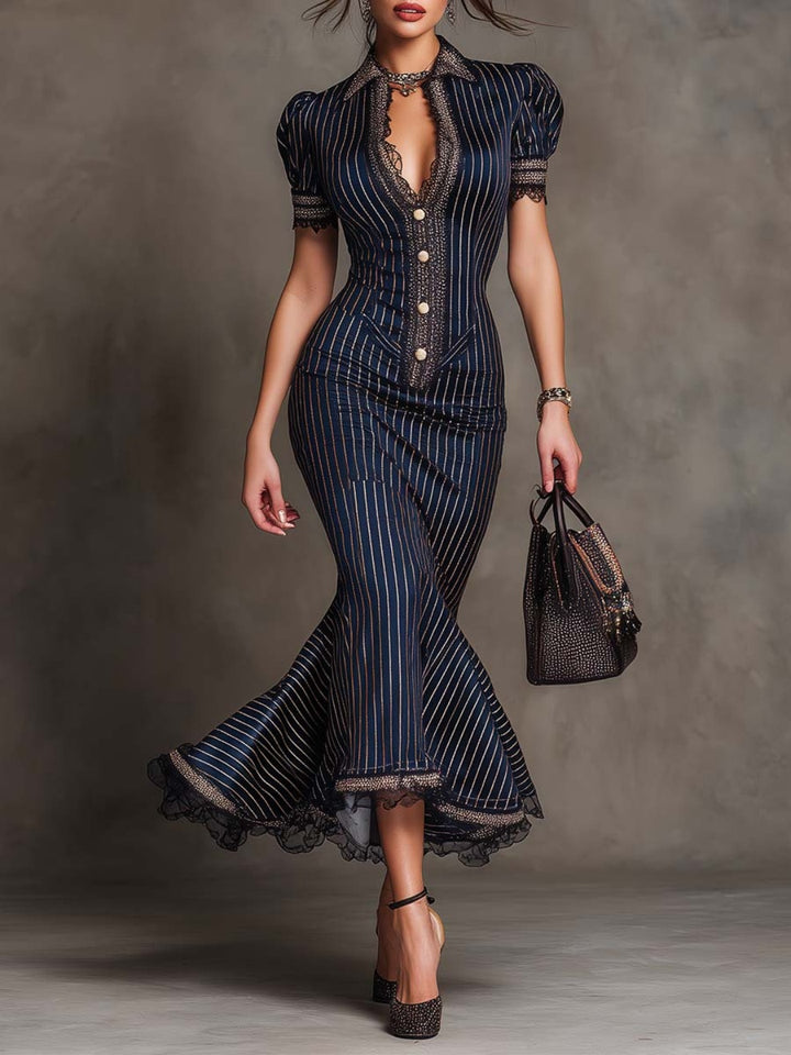 Noa Navy Pinstripe Button Midi Dress
