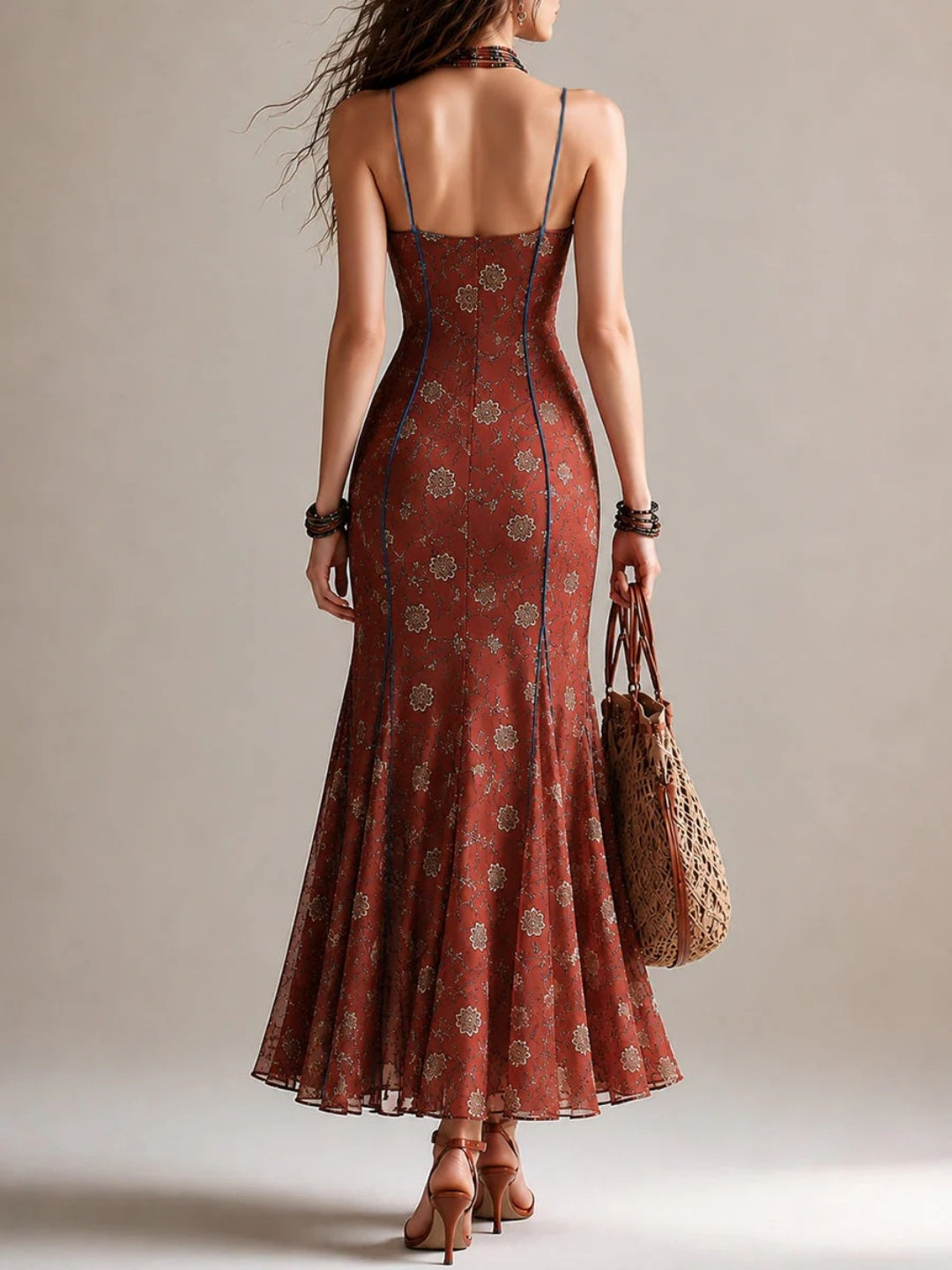 Marina Rust Floral Lace-Trim Slip Maxi Dress