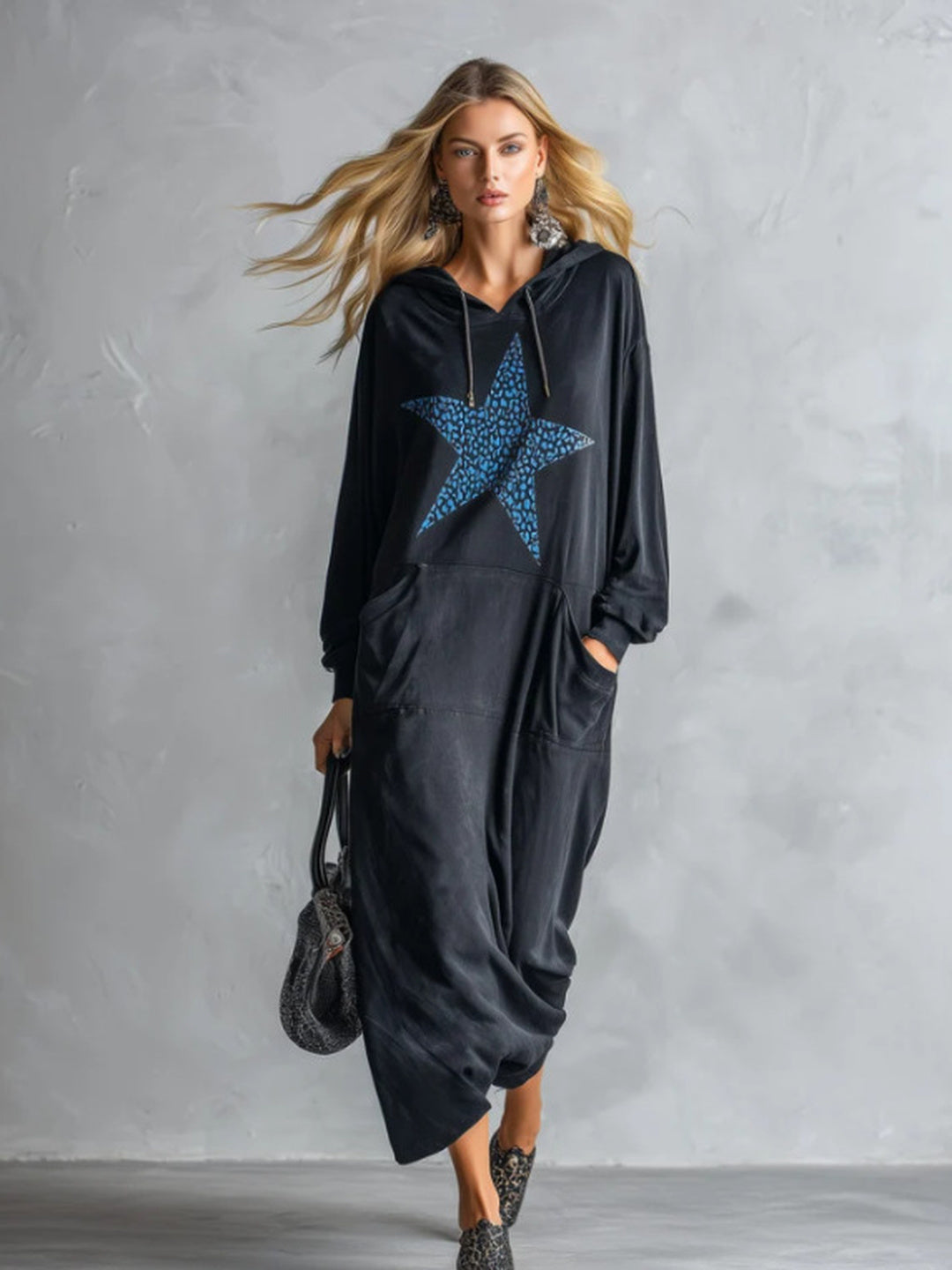 Maristella Star Appliqué Hooded Maxi Dress