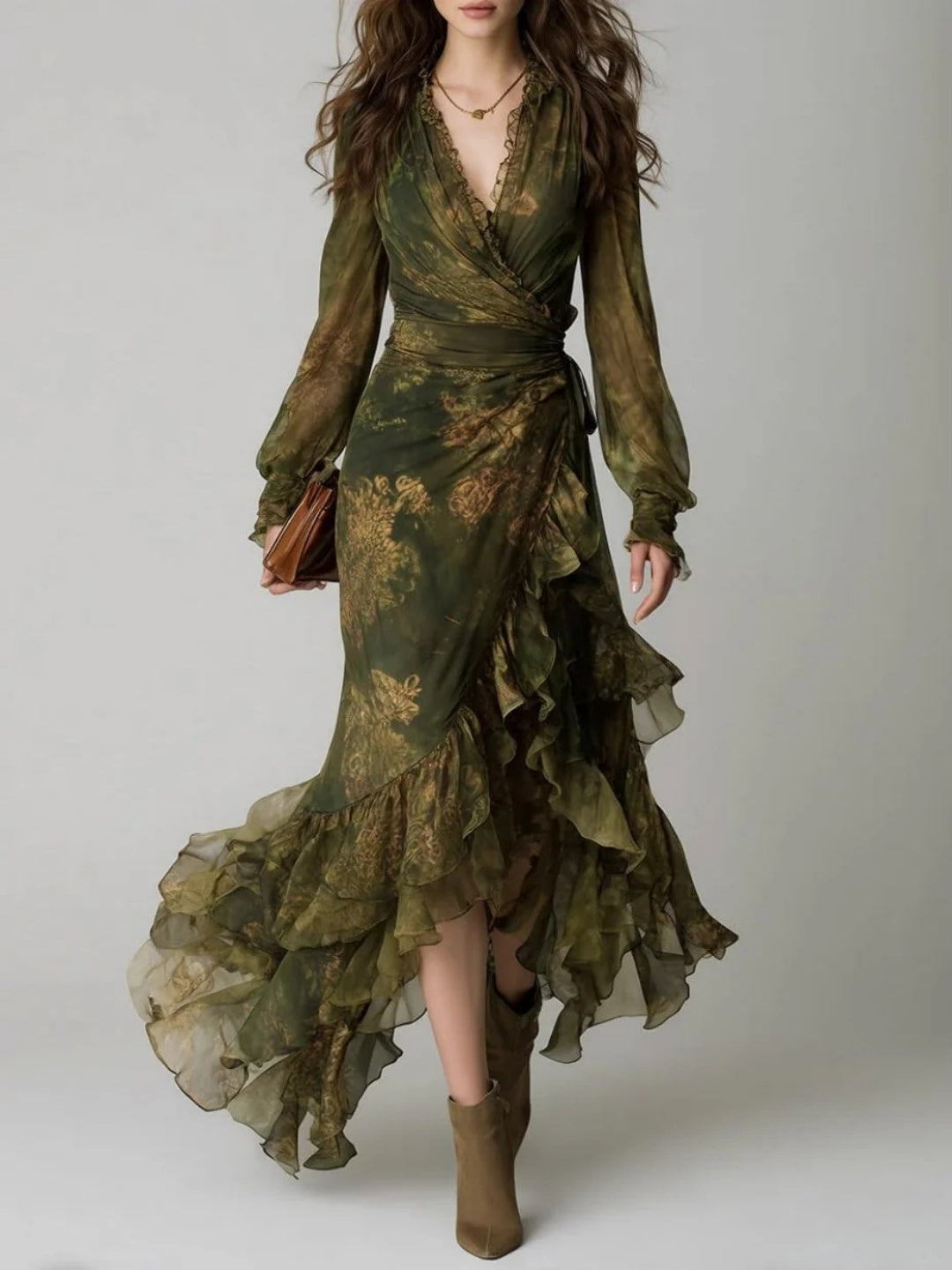 Olivia Olive Floral Ruffle High-Low Maxi Dress