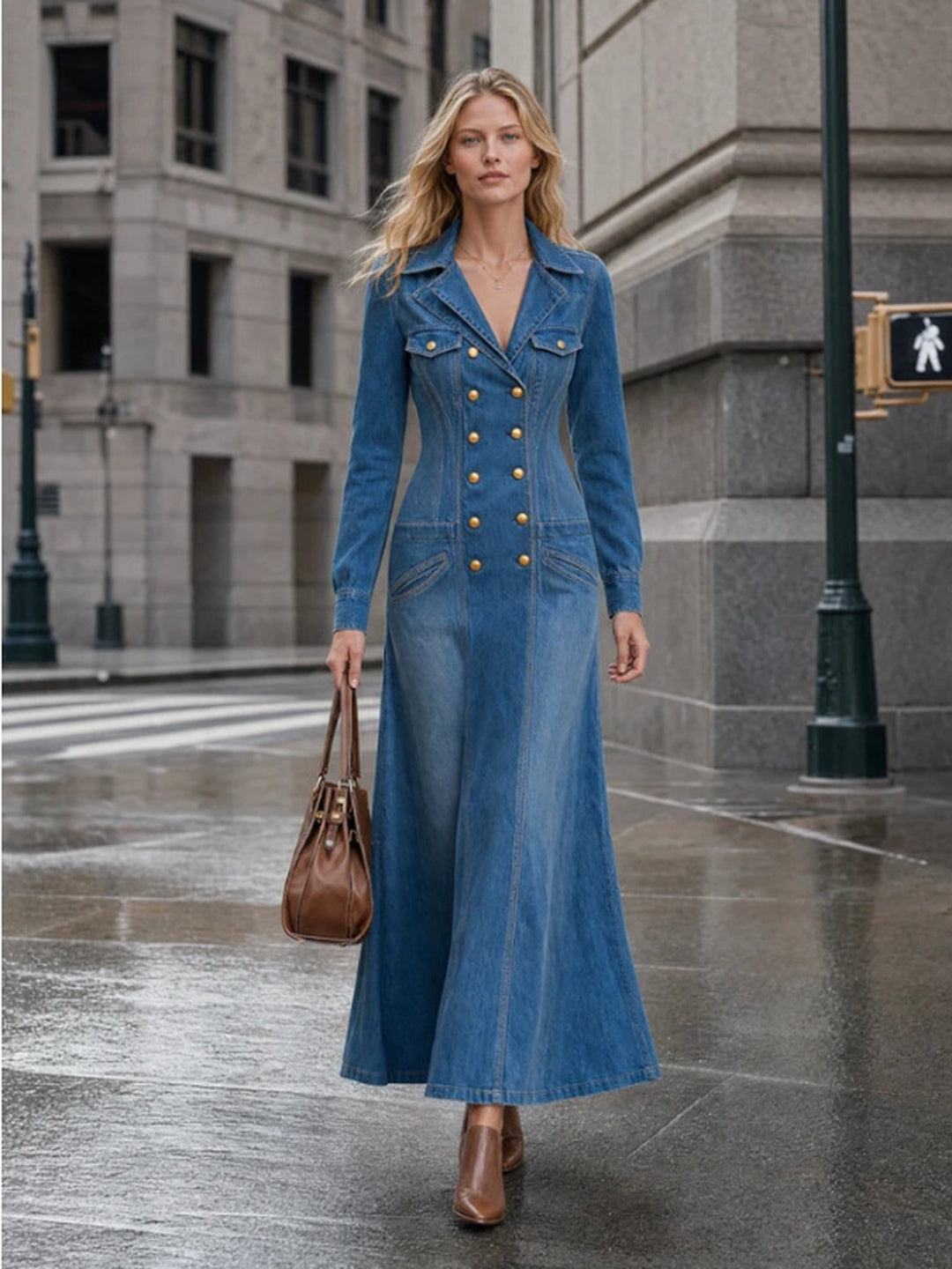 Luciana Double-Breasted Denim Midi Dress