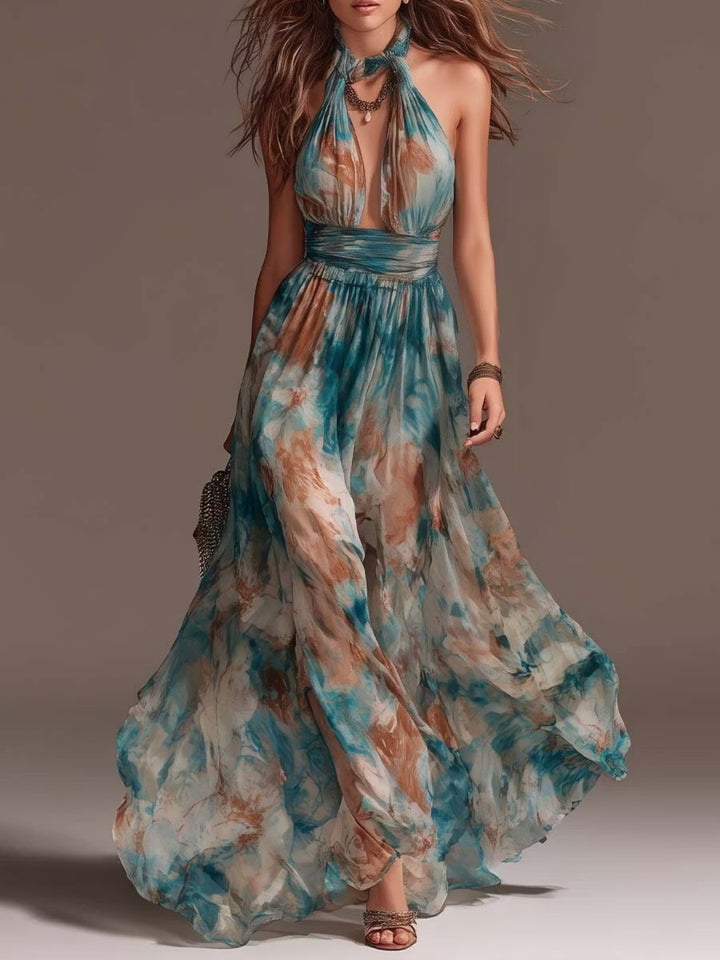 Oceana Teal Watercolor Halter Maxi Dress