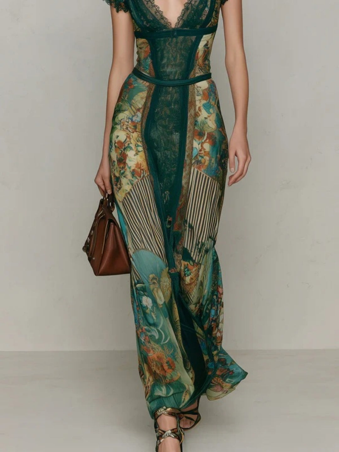 Isla Emerald Lace-Inset Print Maxi Dress