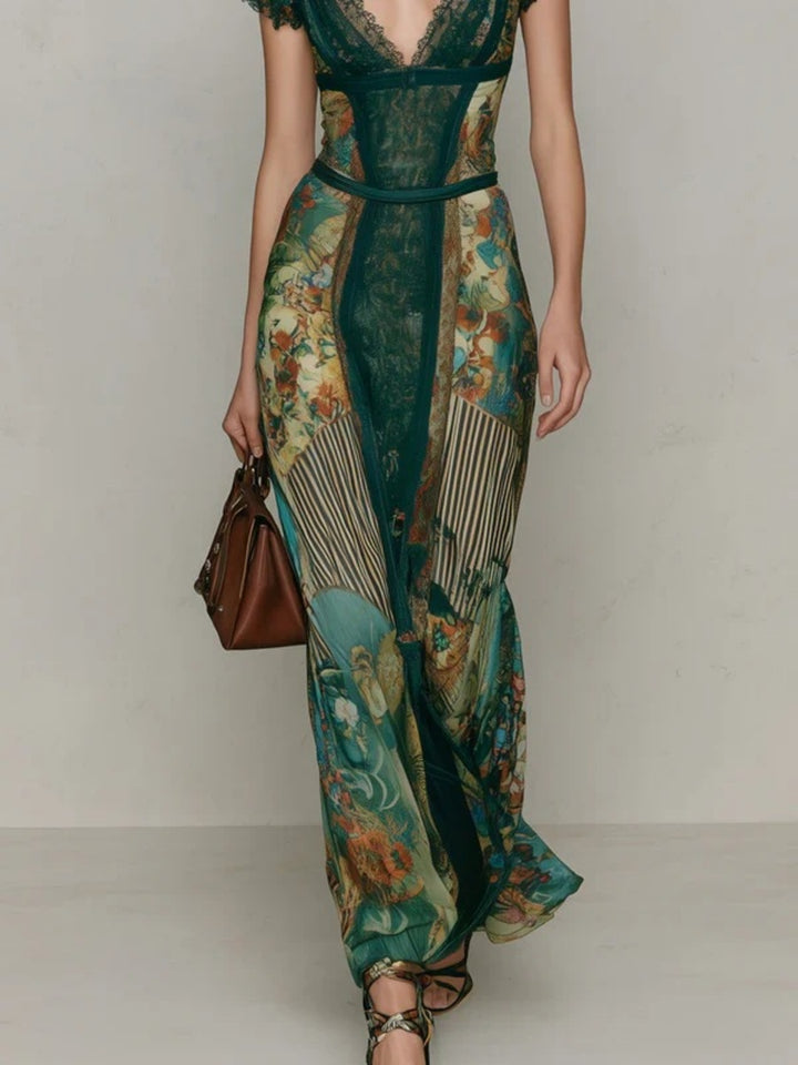 Isla Emerald Lace-Inset Print Maxi Dress