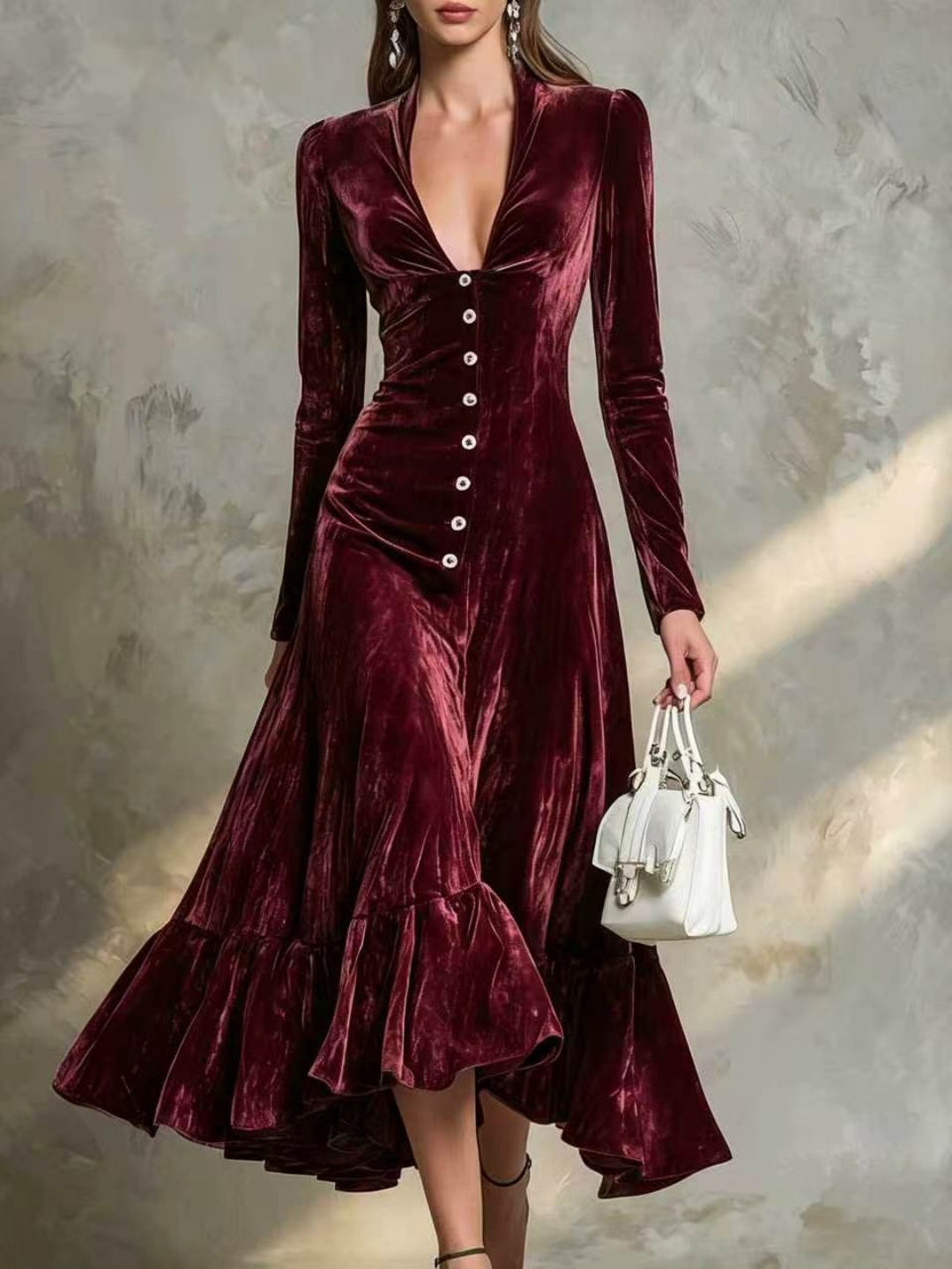 Verde Ruffle-Hem Velvet Midi Dress - Purple