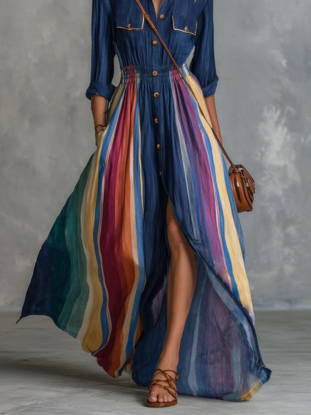 Marina Navy Rainbow-Stripe Shirt Maxi Dress