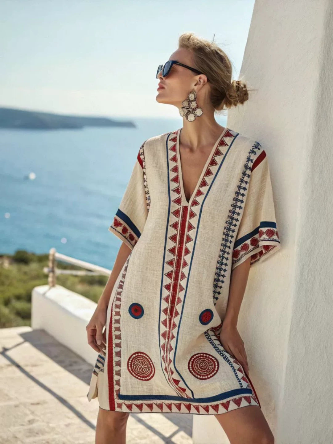 Amalia Geometric-Trim Caftan Mini Dress - Blue Circle Print