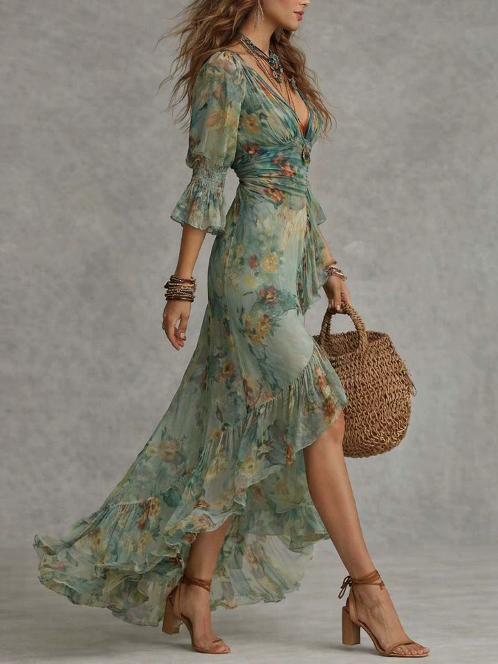 Mira Green Floral Wrap Maxi Dress